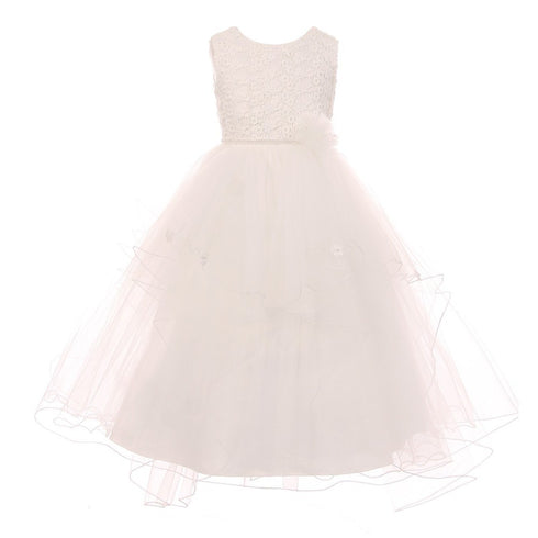 Little Girls Ivory Pearl Flower Adorned Multi Layer Flower Girl Dress 4-6 - SophiasStyle.com